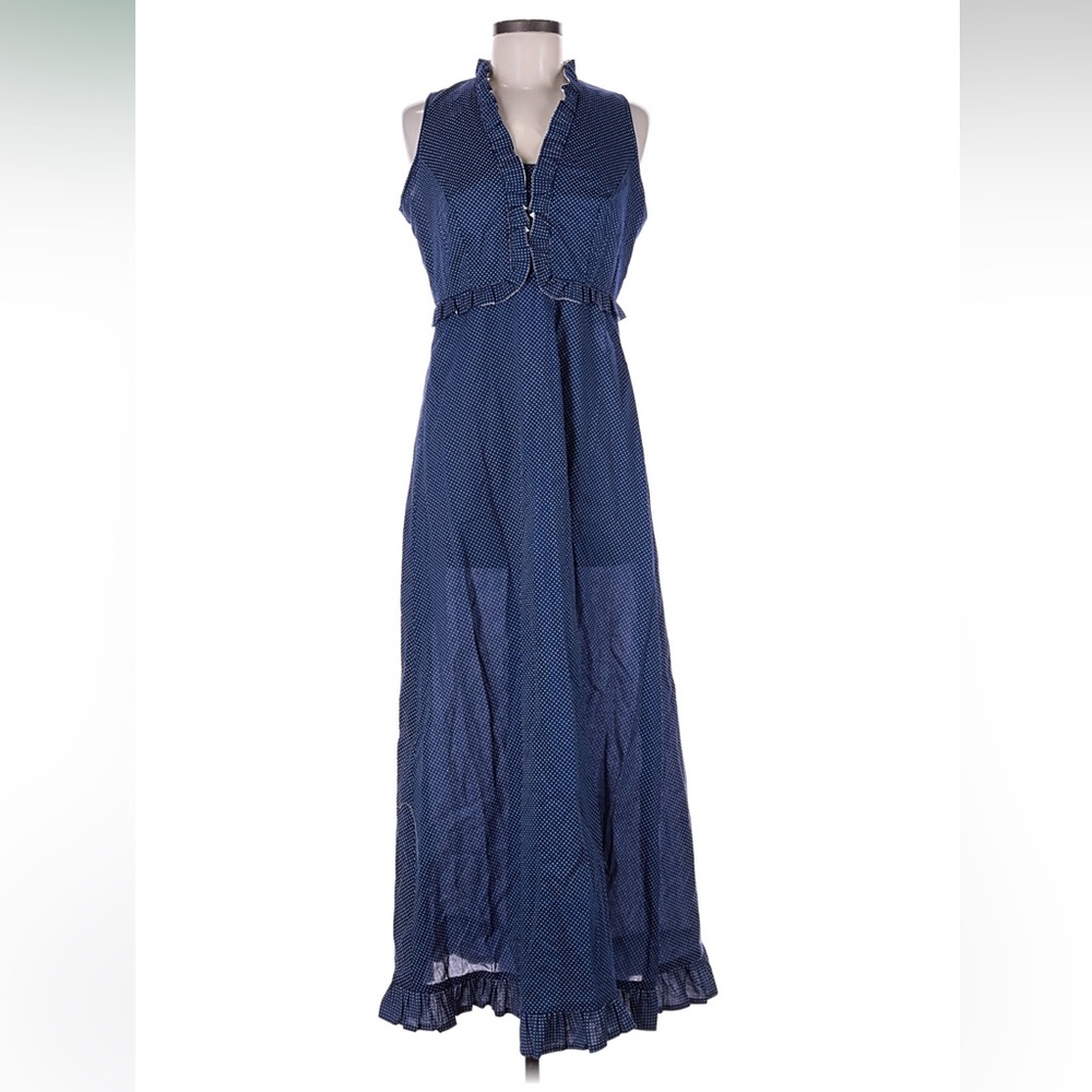 Vintage 70’s Blue and white polka dot maxi dress with vest